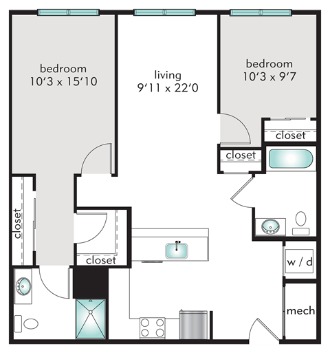 Floor plan for 2 beds, 2 baths, 938 sqft